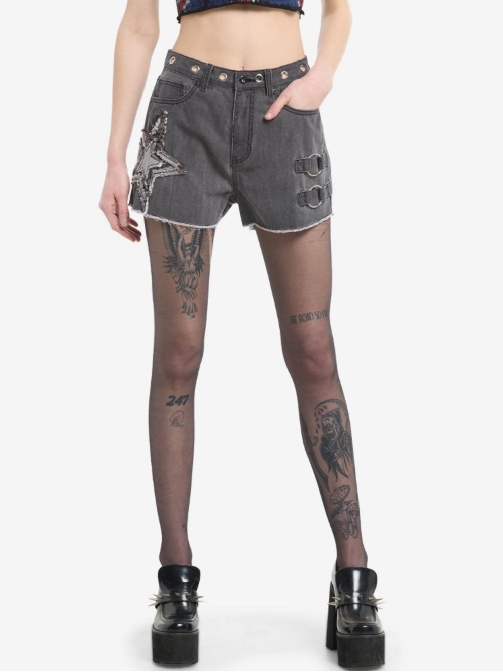 Hot Topic Grey Frayed Star Patch Denim Shorts